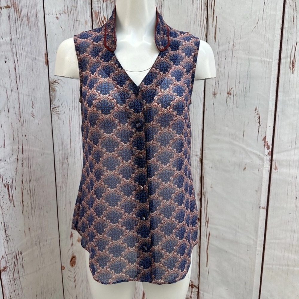 CAbi Blue and Pink Patterned Blouse